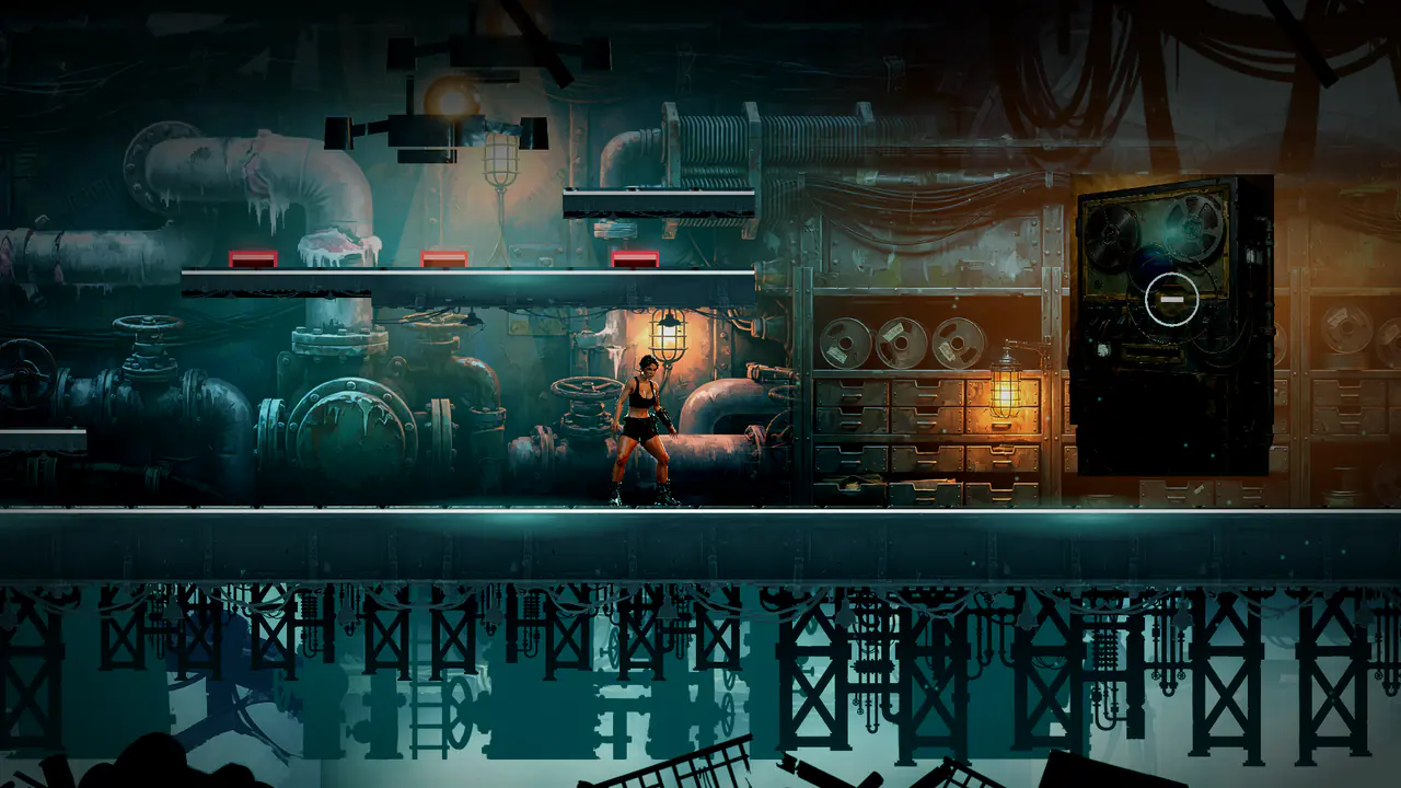 Mara walks the relay archive, lit by warm lamps.
