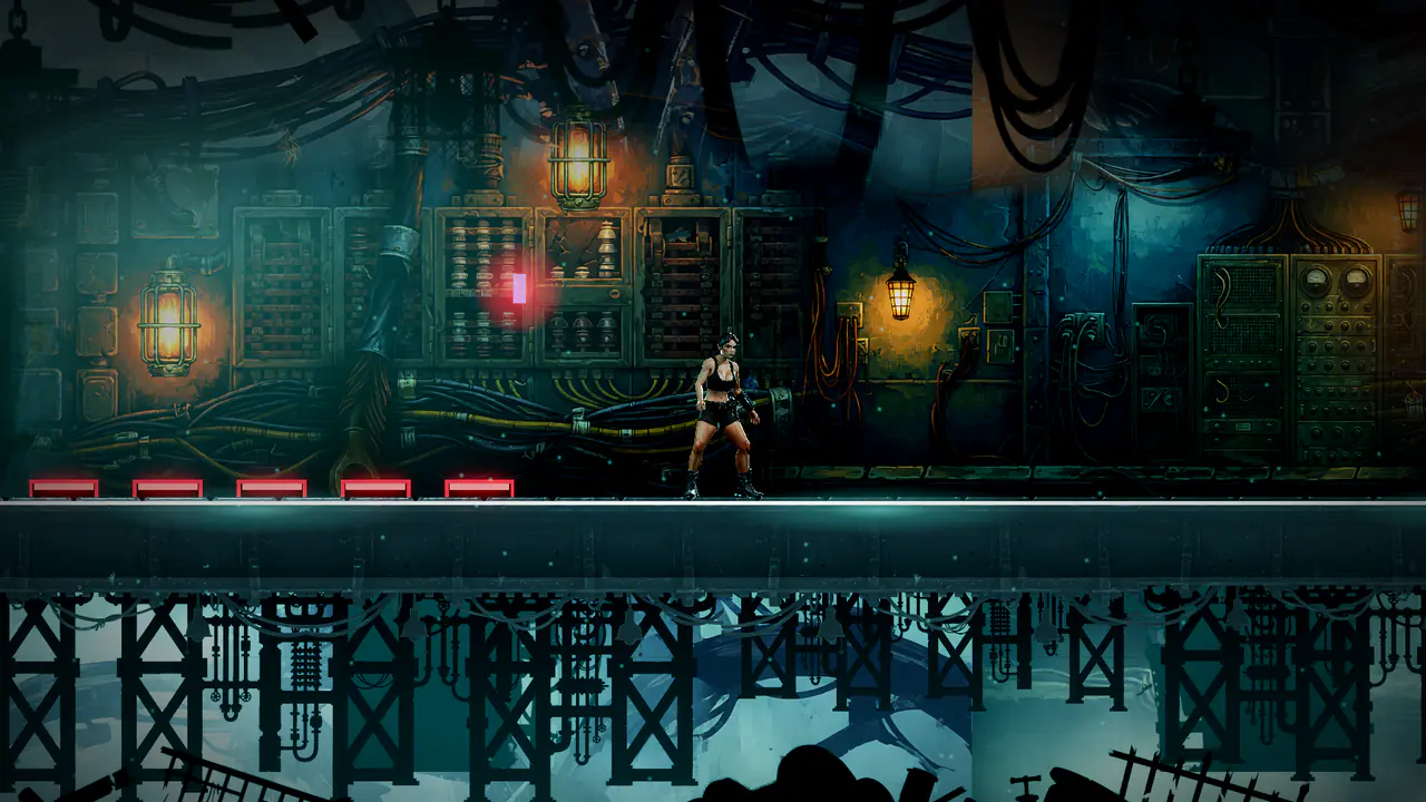 Mara in the relay corridor, red lamps down a cable-hung hall.