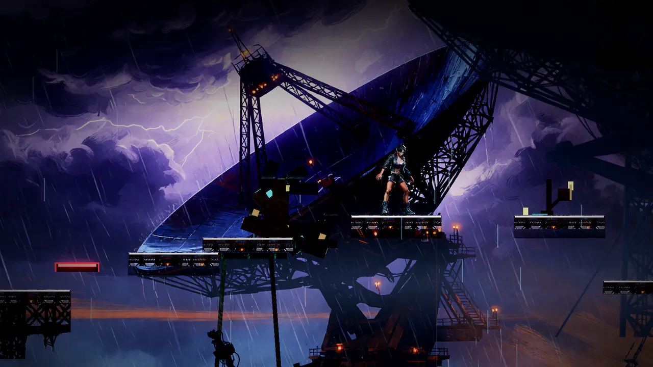 The Dish in the storm: a giant radar dish above the water, lightning behind it, Mara on the tower.