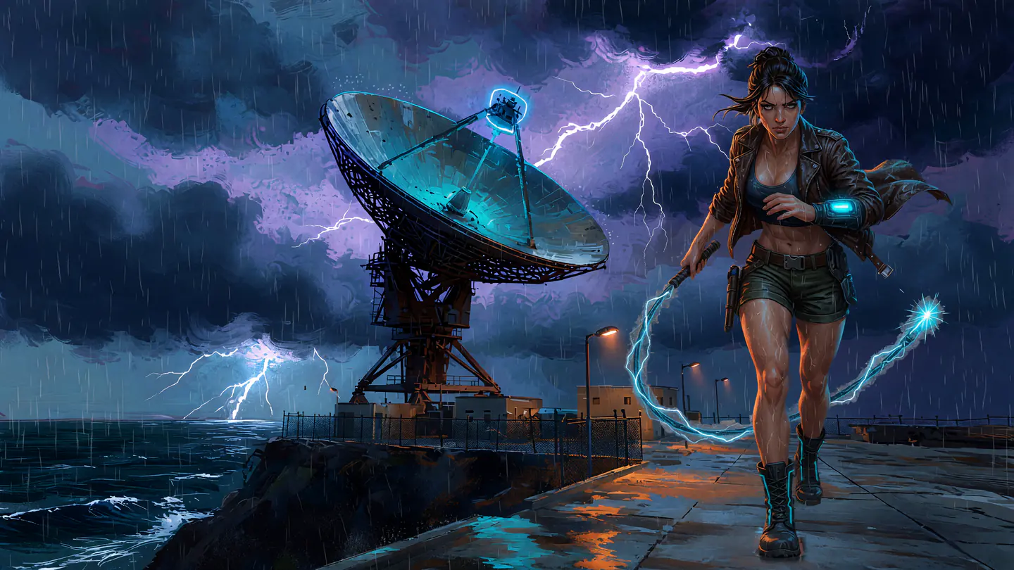 Mara Venn stands on a wet pier beside a giant radar dish, under a lightning storm.