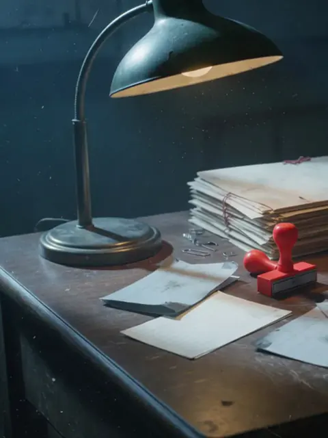 A green desk lamp over loose index cards and a red stamp.