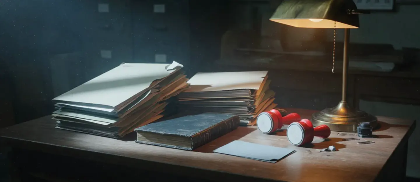 A desk at night under a brass lamp: stacked files, a ledger and two red rubber stamps.