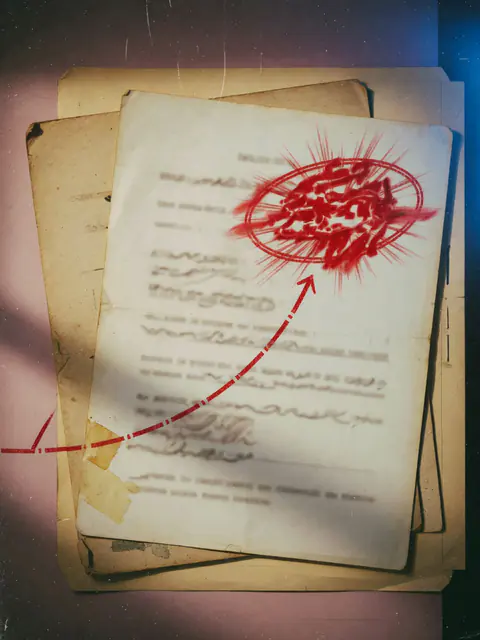 A stack of old typed pages with a red mark stamped at the top, an arrow tracing it back.