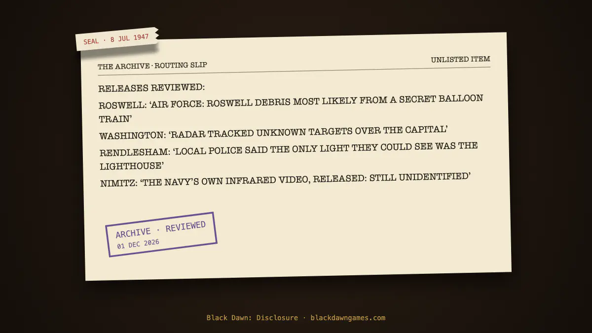 An Archive routing slip sealed 8 July 1947, listing four released headlines from Roswell to Nimitz.