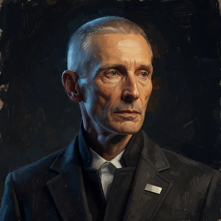 Director Halden, a grey-haired man in a dark coat, painted in oils.
