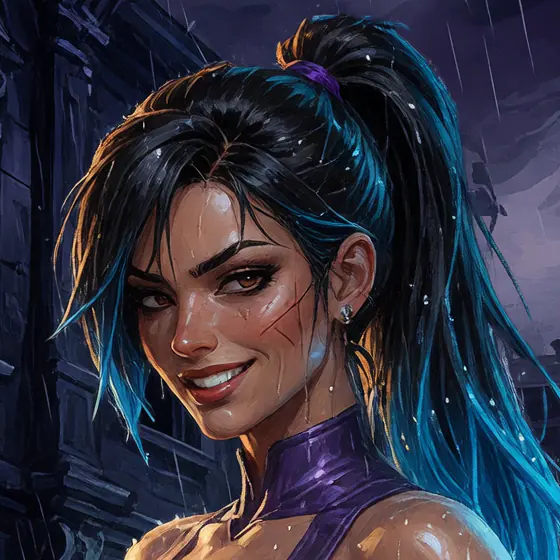 Iona Sorn, a dark-haired woman with blue-streaked hair and a scar on her cheek, smiling over her shoulder in the rain, painted in oils.