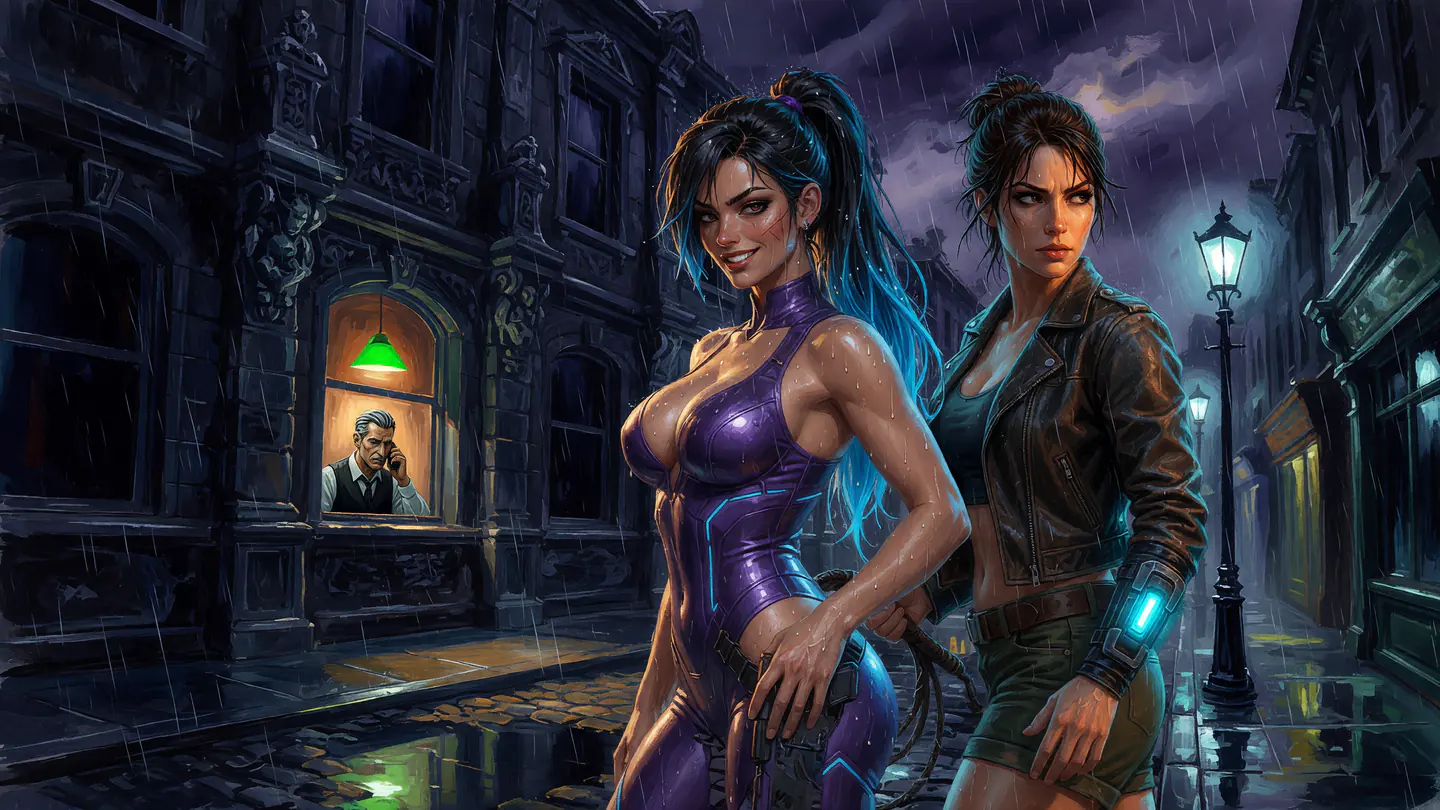 Iona Sorn and Mara Venn stand back to back on a rain-soaked street, Iona smiling, Mara watching her, while Rook takes a call in a lit office window behind them.