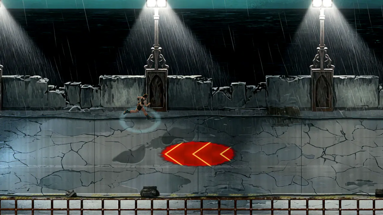 Mara runs the rain-lit dam deck as a closing-gate warning flares ahead.