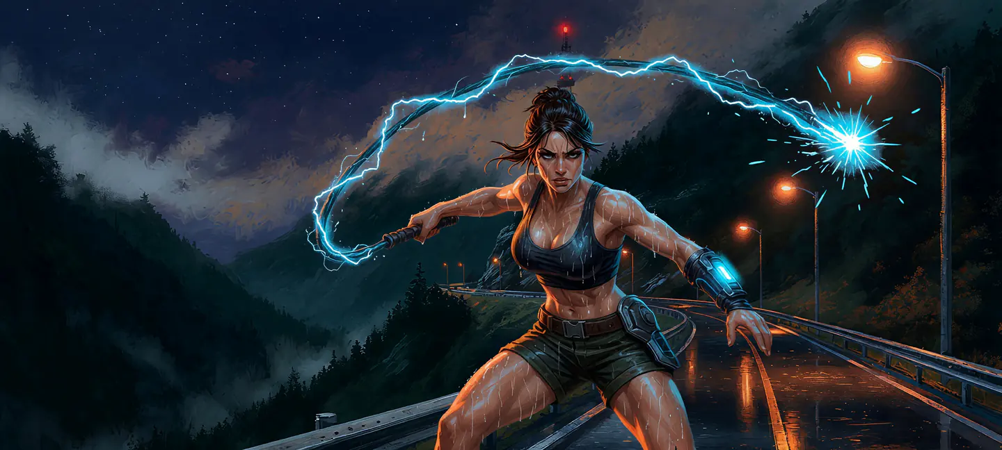 Mara swings an electric whip through the dark on a wet mountain road.