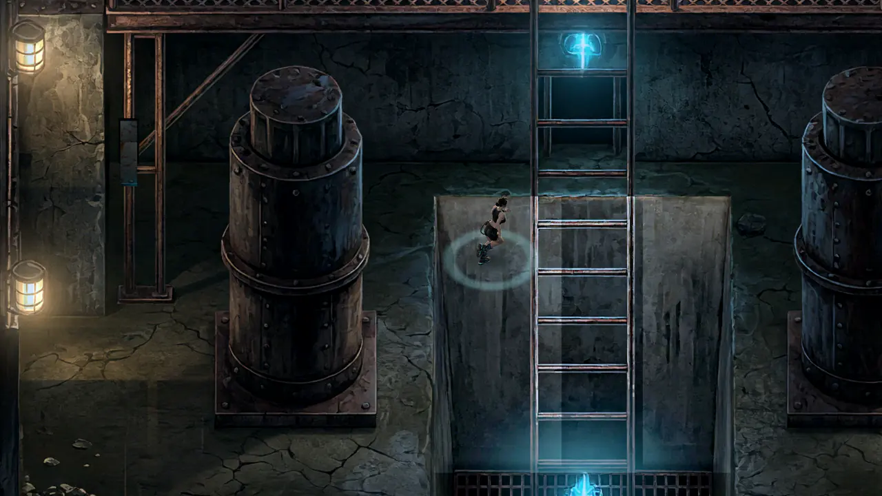 Mara on a catwalk above the flooded pump hall, with the shaft ladder beside her.