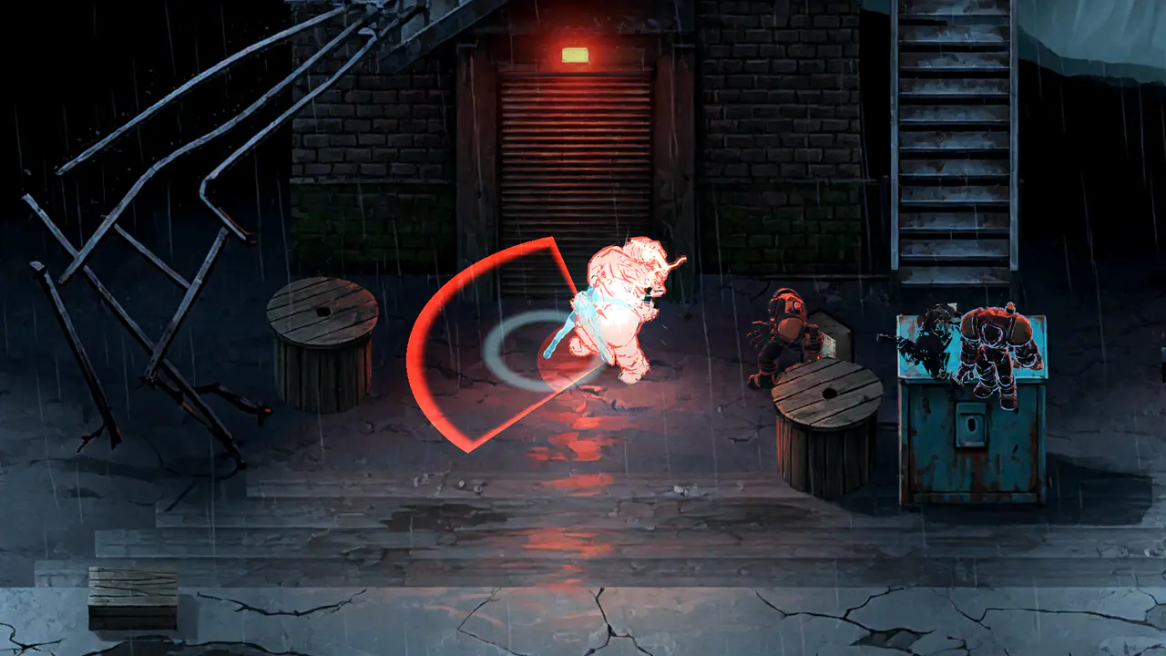 Mara fights a Directorate frame in the signal tower yard under a red whip arc.