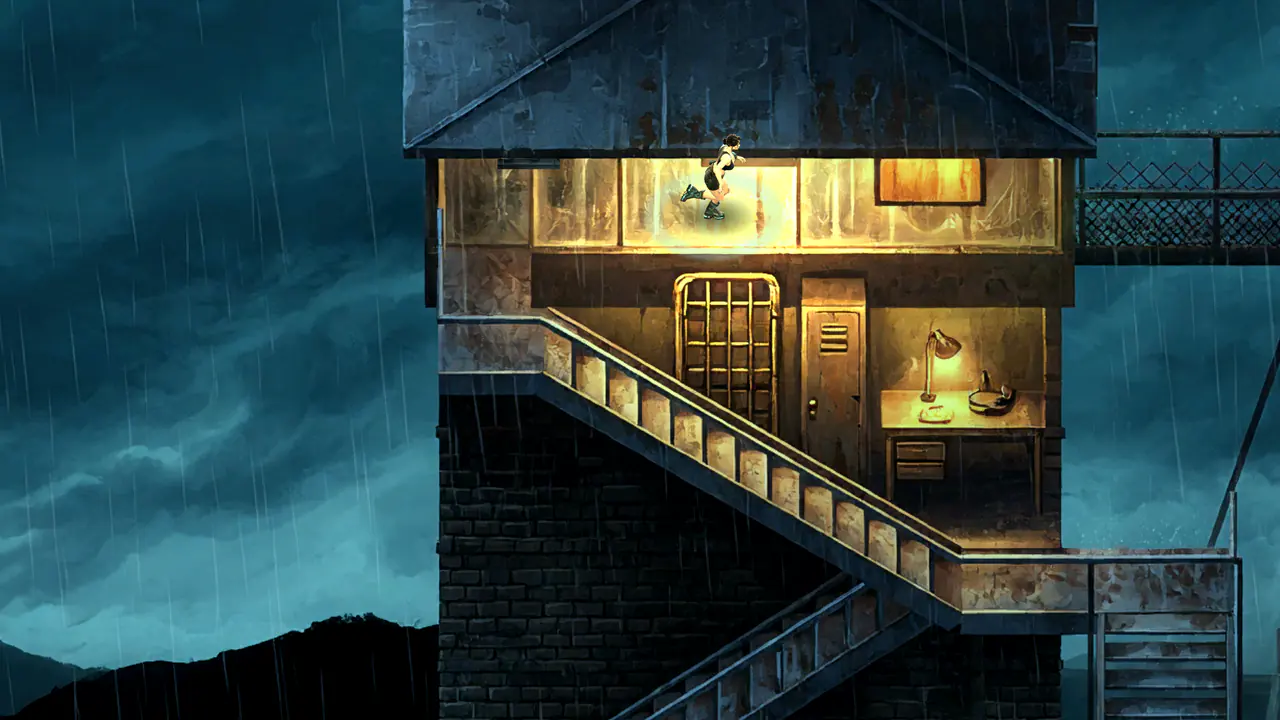 The lit signal tower and its stairs under a storm sky, Mara in the upper window.