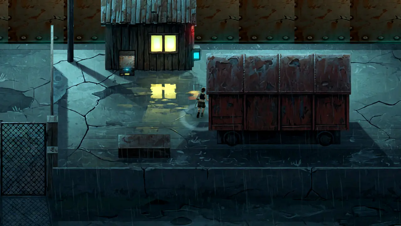 Mara crosses the freight yard past a painted wagon and a lit hut.